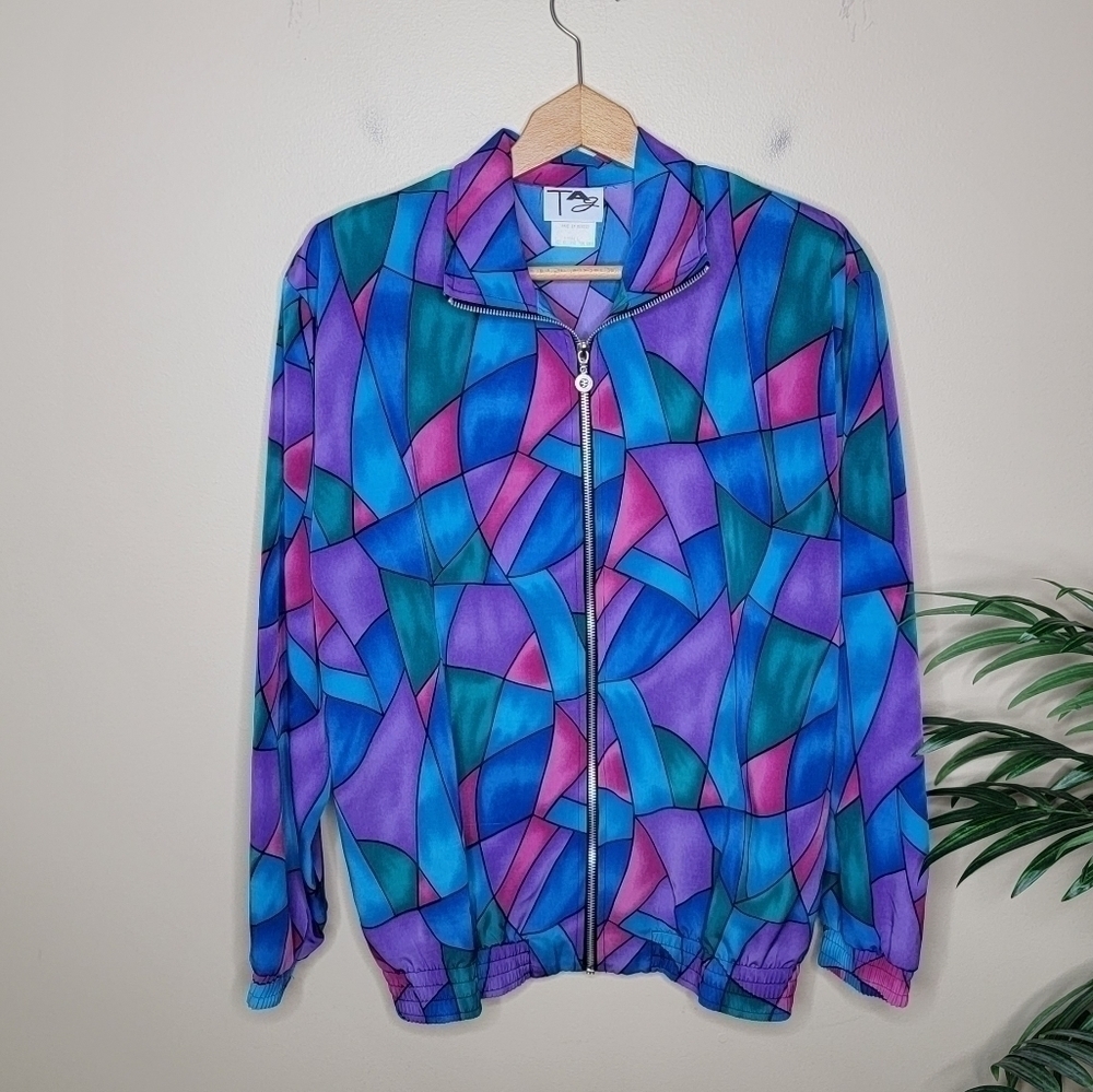 Vintage Tag | Blue Purple Teal Green Geometric Print Zip Jacket Size Small